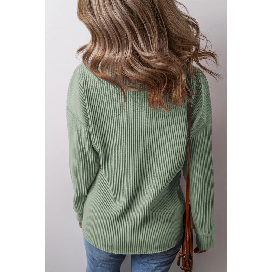 Plus Size Pocketed Ribbed Round Neck Long Sleeve Top Apparel and Accessories