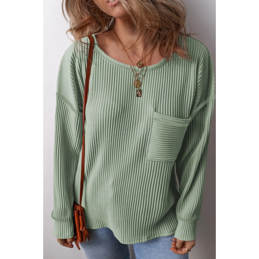 Plus Size Pocketed Ribbed Round Neck Long Sleeve Top Gum Leaf / 1XL Apparel and Accessories