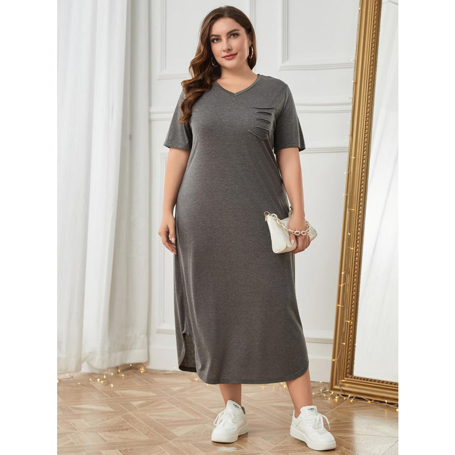 Plus Size Pocketed V-Neck Short Sleeve Lounge Dress Apparel and Accessories