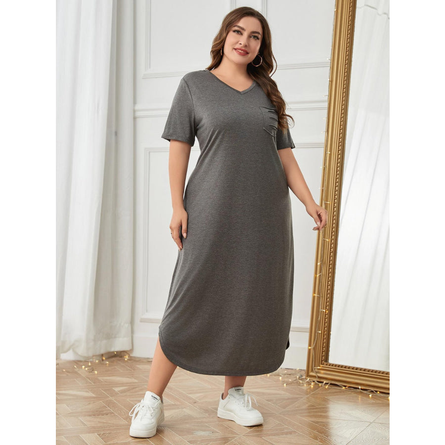 Plus Size Pocketed V-Neck Short Sleeve Lounge Dress Apparel and Accessories