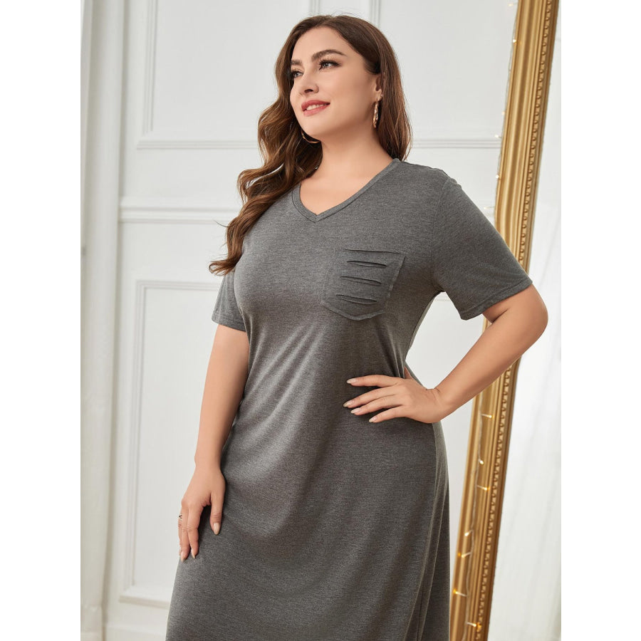 Plus Size Pocketed V-Neck Short Sleeve Lounge Dress Apparel and Accessories