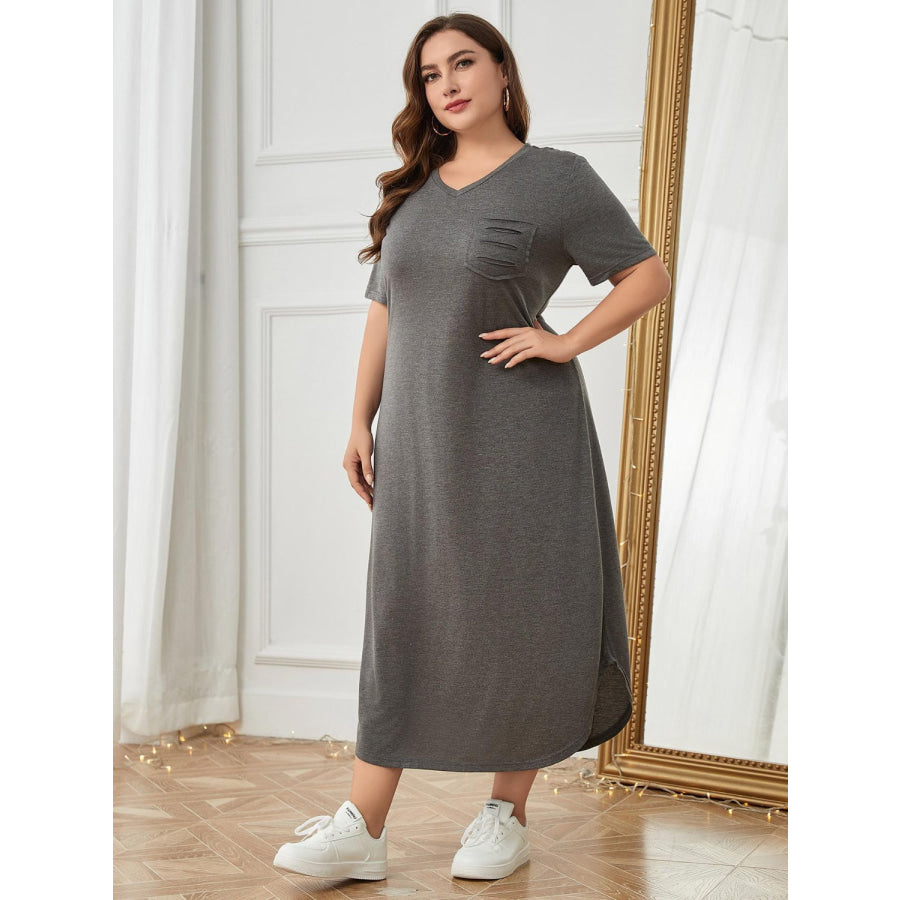 Plus Size Pocketed V-Neck Short Sleeve Lounge Dress Apparel and Accessories