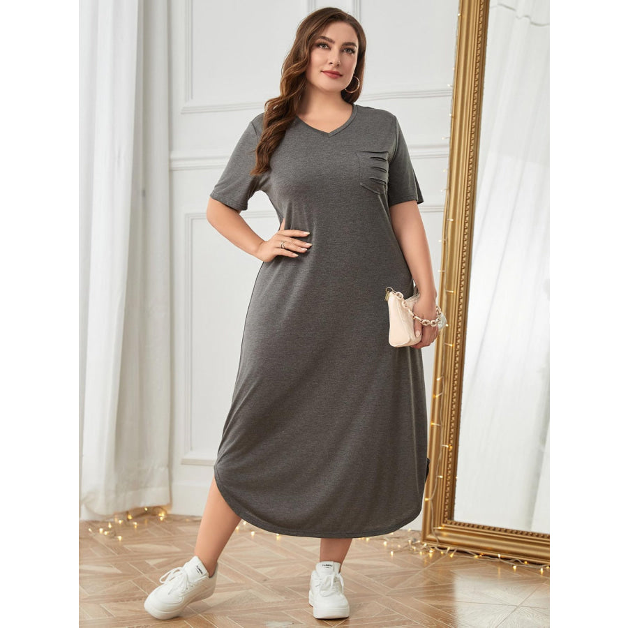 Plus Size Pocketed V-Neck Short Sleeve Lounge Dress Charcoal / 1XL Apparel and Accessories