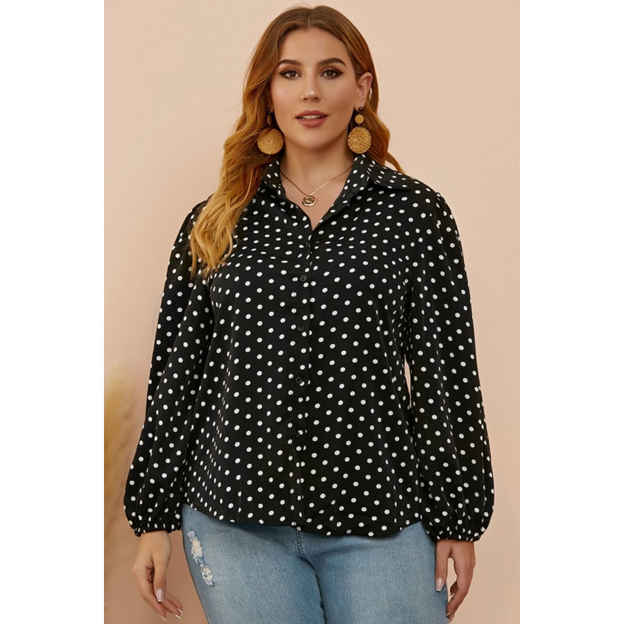 Plus Size Polka Dot Balloon Sleeve Shirt Black / L