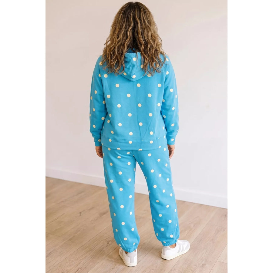 Plus Size Polka Dot Hooded Drawstring Long Sleeve Top and Pants Set Apparel and Accessories