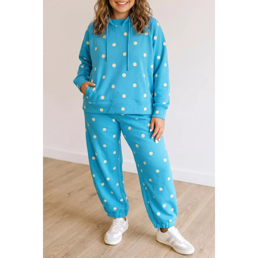 Plus Size Polka Dot Hooded Drawstring Long Sleeve Top and Pants Set Apparel and Accessories