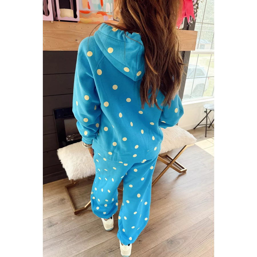 Plus Size Polka Dot Hooded Drawstring Long Sleeve Top and Pants Set Apparel and Accessories