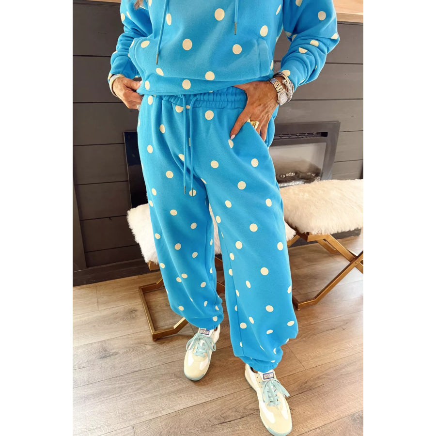 Plus Size Polka Dot Hooded Drawstring Long Sleeve Top and Pants Set Apparel and Accessories