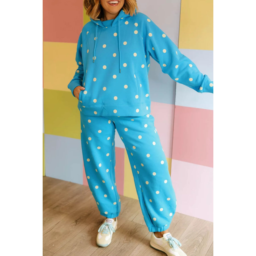 Plus Size Polka Dot Hooded Drawstring Long Sleeve Top and Pants Set Cerulean / 1X Apparel and Accessories