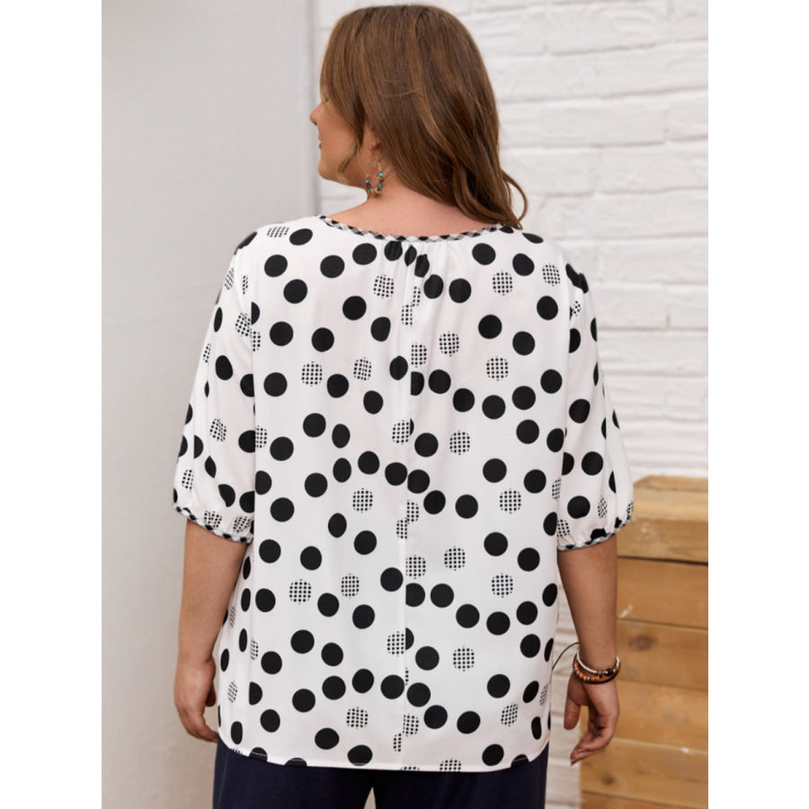 Plus Size Polka Dot Round Neck Half Sleeve Blouse Apparel and Accessories