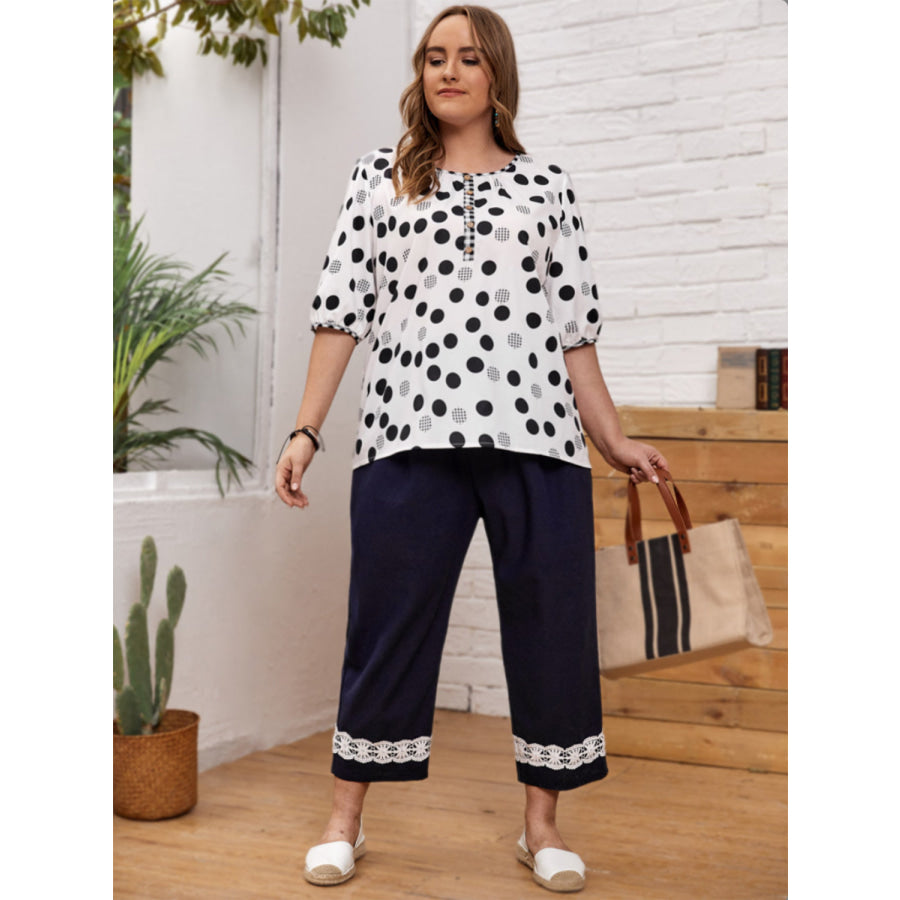 Plus Size Polka Dot Round Neck Half Sleeve Blouse Apparel and Accessories