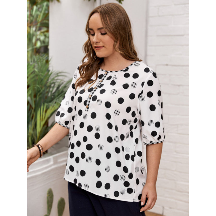 Plus Size Polka Dot Round Neck Half Sleeve Blouse Apparel and Accessories