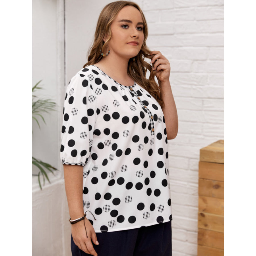 Plus Size Polka Dot Round Neck Half Sleeve Blouse Apparel and Accessories