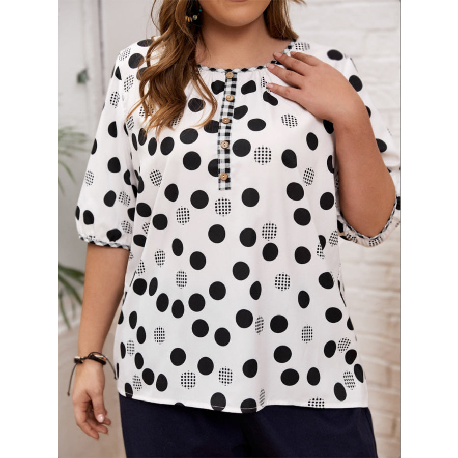 Plus Size Polka Dot Round Neck Half Sleeve Blouse White / 1XL Apparel and Accessories