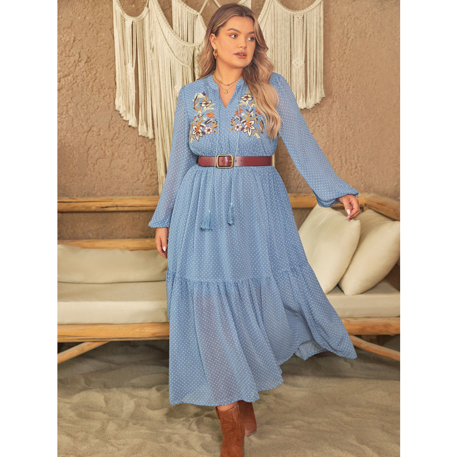 Plus Size Polka Dot Tie Neck Balloon Sleeve Maxi Dress Light Blue / 0XL Apparel and Accessories