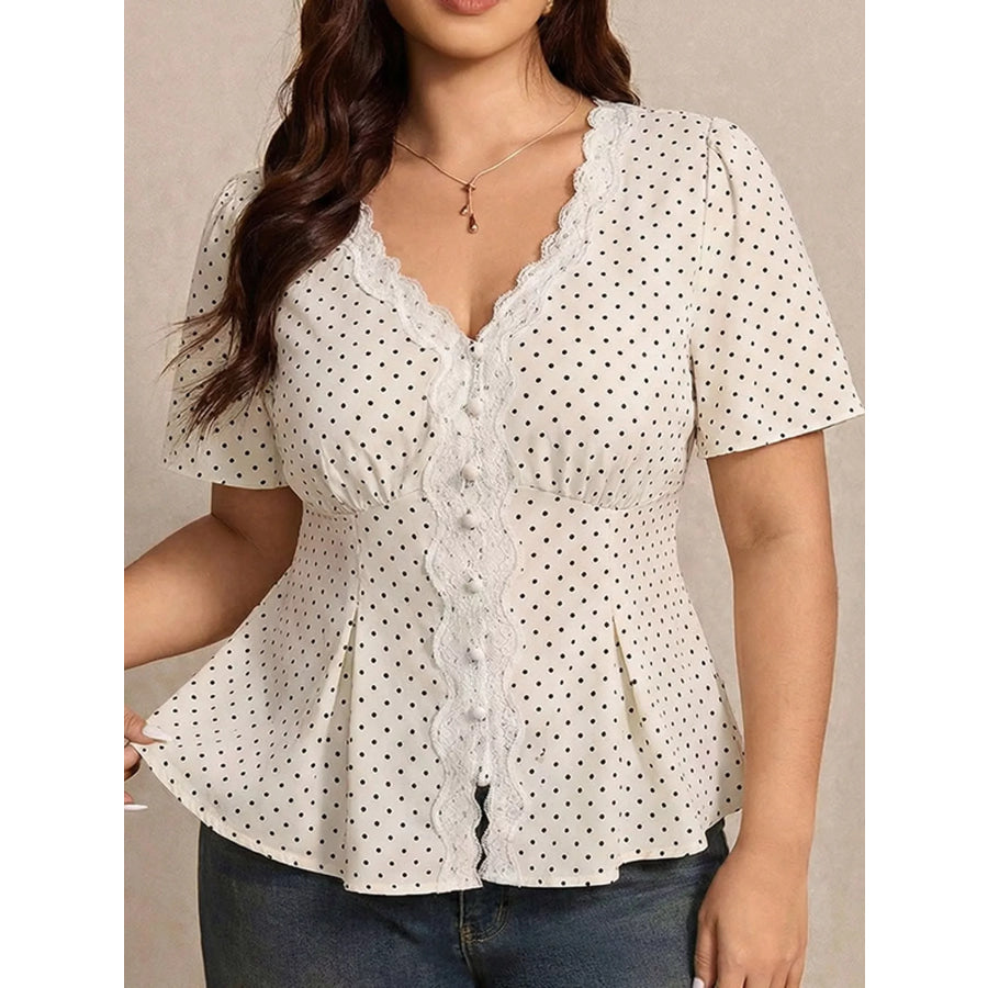Plus Size Polka Dot V-Neck Lace Trim Peplum Blouse Apparel and Accessories