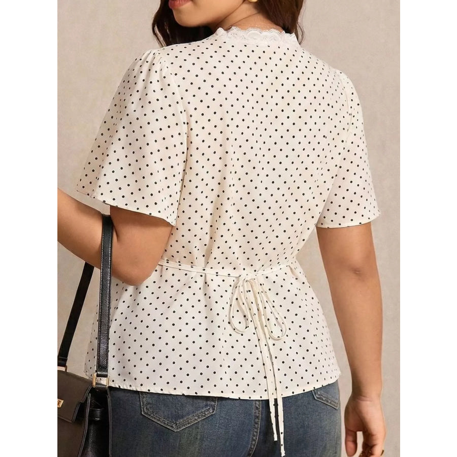 Plus Size Polka Dot V-Neck Lace Trim Peplum Blouse Apparel and Accessories