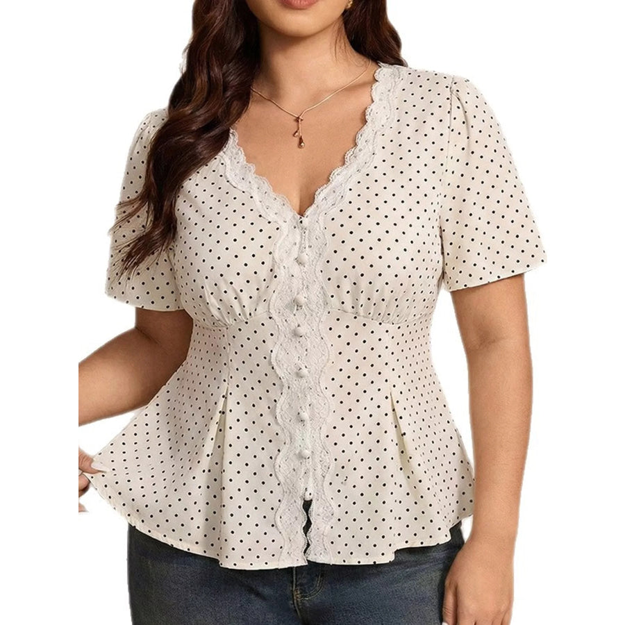 Plus Size Polka Dot V-Neck Lace Trim Peplum Blouse Apparel and Accessories