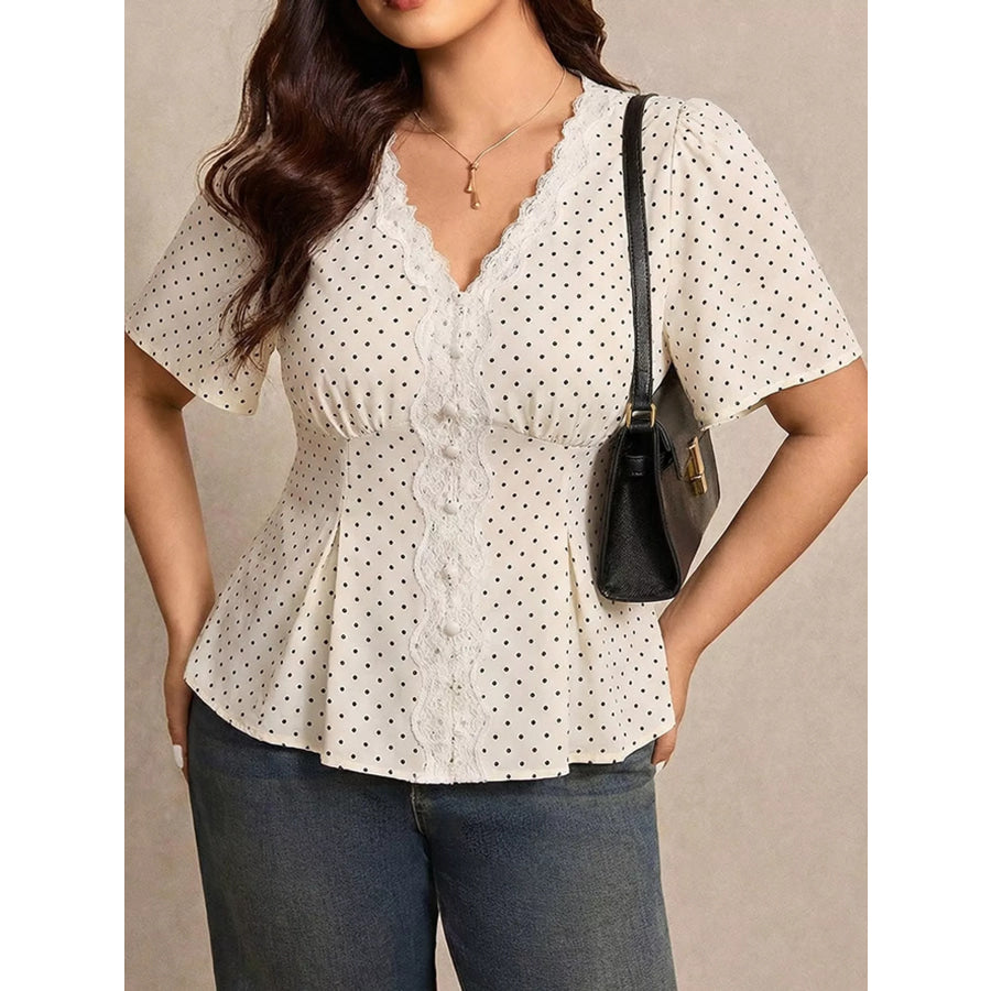 Plus Size Polka Dot V-Neck Lace Trim Peplum Blouse White / XL Apparel and Accessories