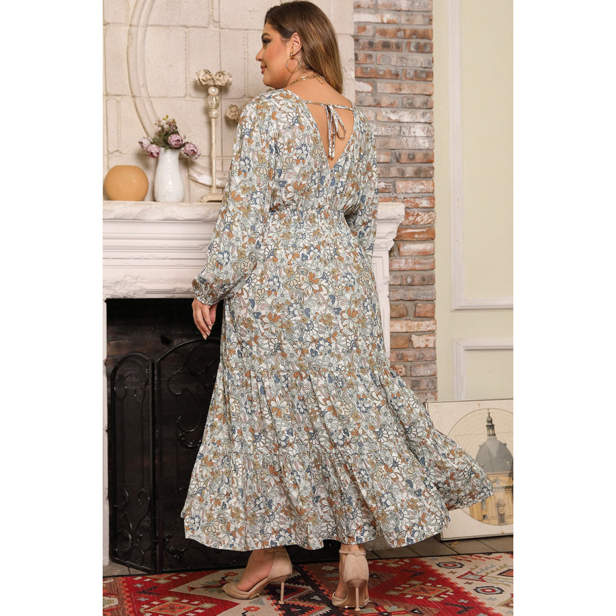 Plus Size Printed Balloon Sleeve Ruffle Hem Dress Multicolor / 1X Apparel and Accessories