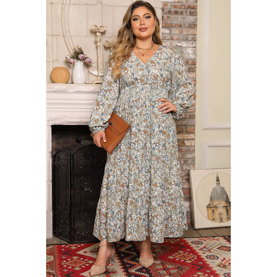 Plus Size Printed Balloon Sleeve Ruffle Hem Dress Multicolor / 1X Apparel and Accessories