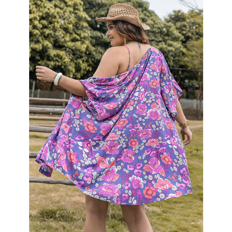 Plus Size Printed Cami Open Front Cover Up and Shorts Set Apparel and Accessories