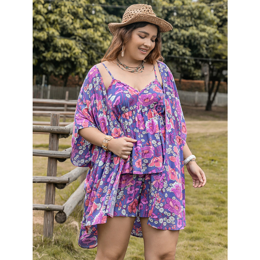 Plus Size Printed Cami Open Front Cover Up and Shorts Set Apparel and Accessories