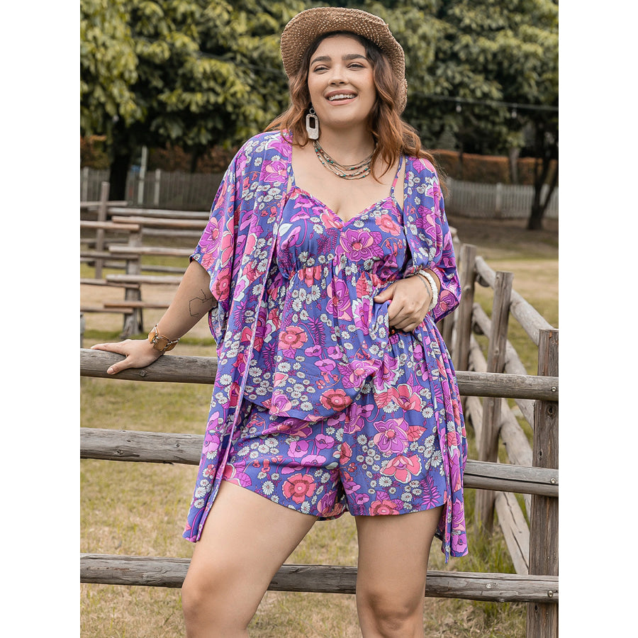 Plus Size Printed Cami Open Front Cover Up and Shorts Set Apparel and Accessories