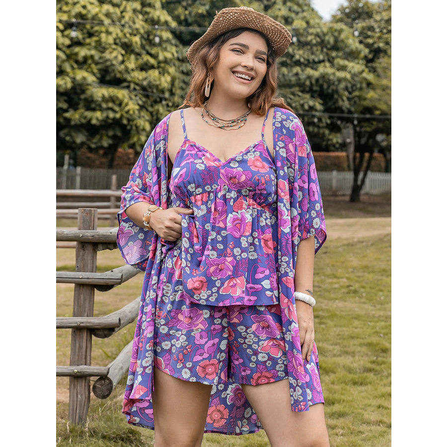 Plus Size Printed Cami Open Front Cover Up and Shorts Set Vivid Violet / 0XL Apparel and Accessories