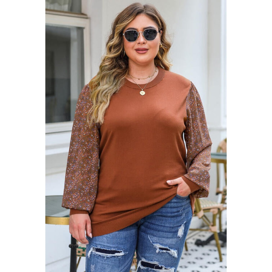 Plus Size Printed Dropped Shoulder Round Neck Blouse Chestnut / 1XL