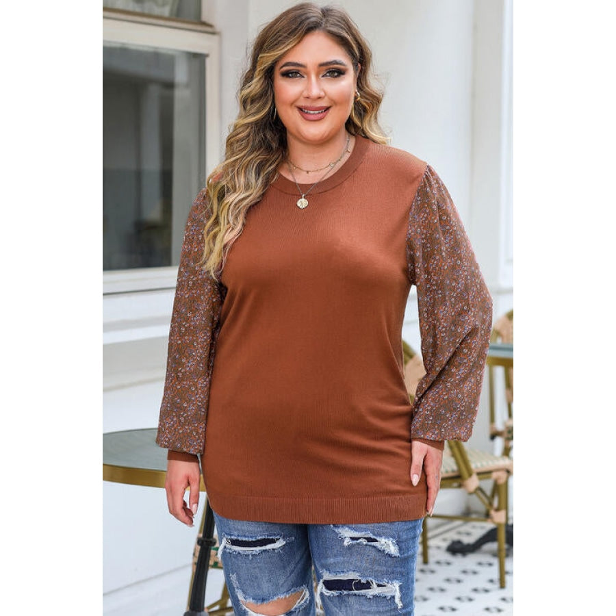 Plus Size Printed Dropped Shoulder Round Neck Blouse