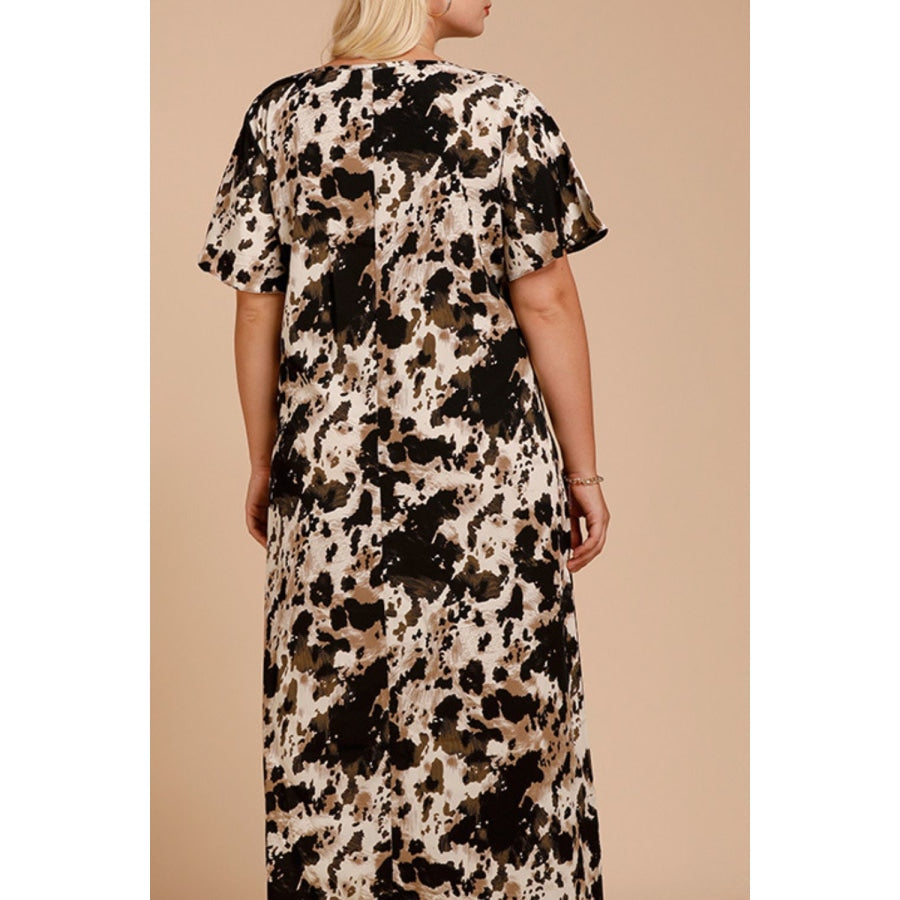 Plus Size Printed Flutter Sleeve Maxi Dress Coffee Brown / XL