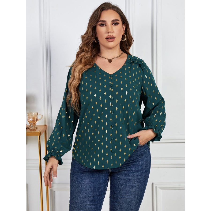 Plus Size Printed Frill Trim Flounce Sleeve Blouse Green / 1XL