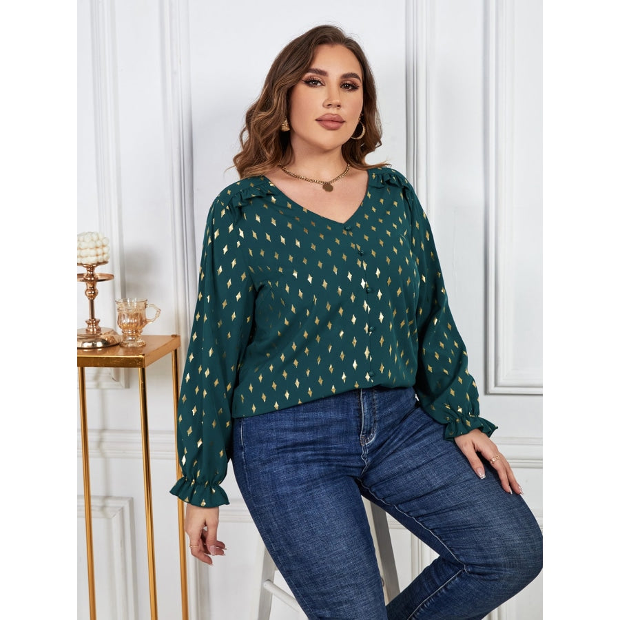 Plus Size Printed Frill Trim Flounce Sleeve Blouse