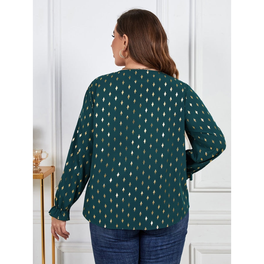 Plus Size Printed Frill Trim Flounce Sleeve Blouse Green / 1XL