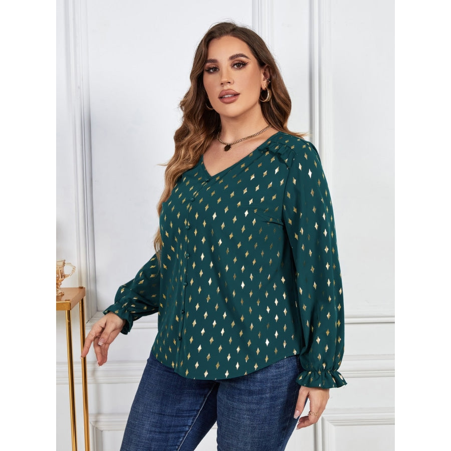 Plus Size Printed Frill Trim Flounce Sleeve Blouse