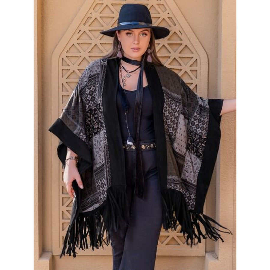 Plus Size Printed Fringe Open Front Outerwear Black / 0XL Clothing