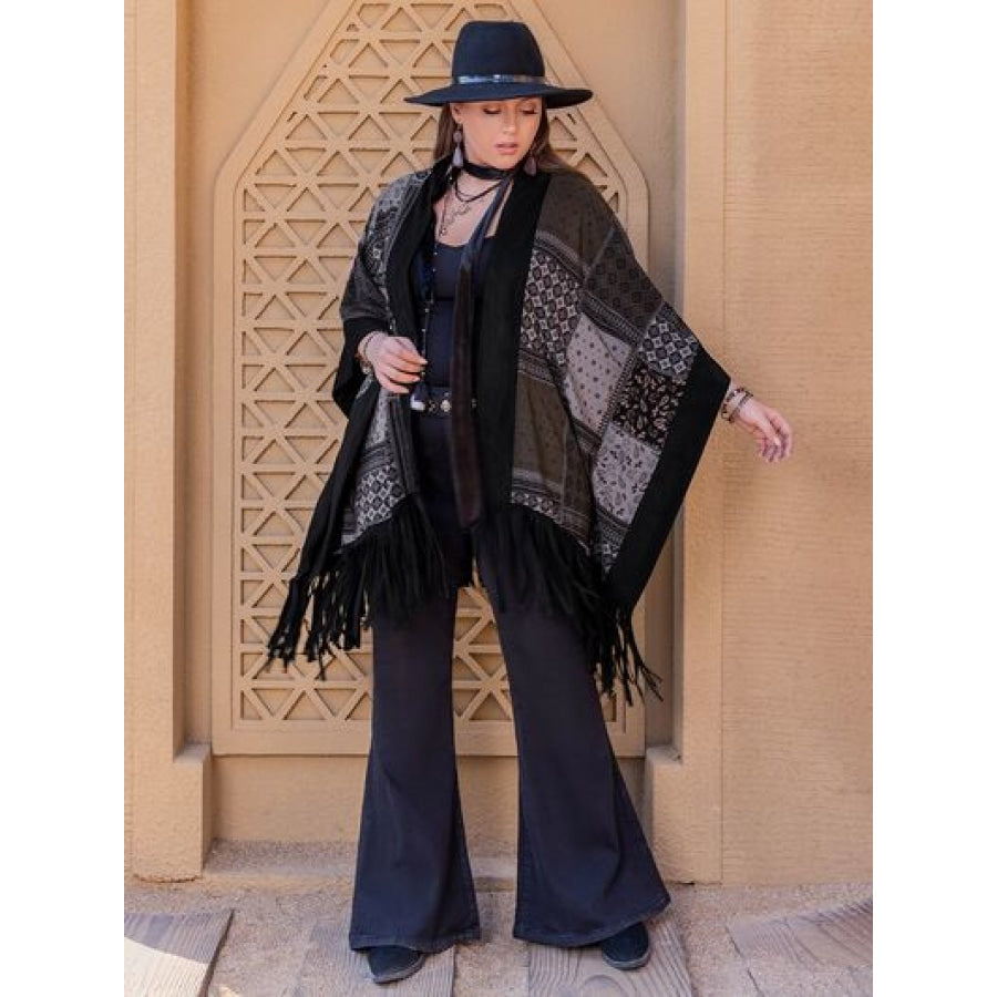 Plus Size Printed Fringe Open Front Outerwear Clothing