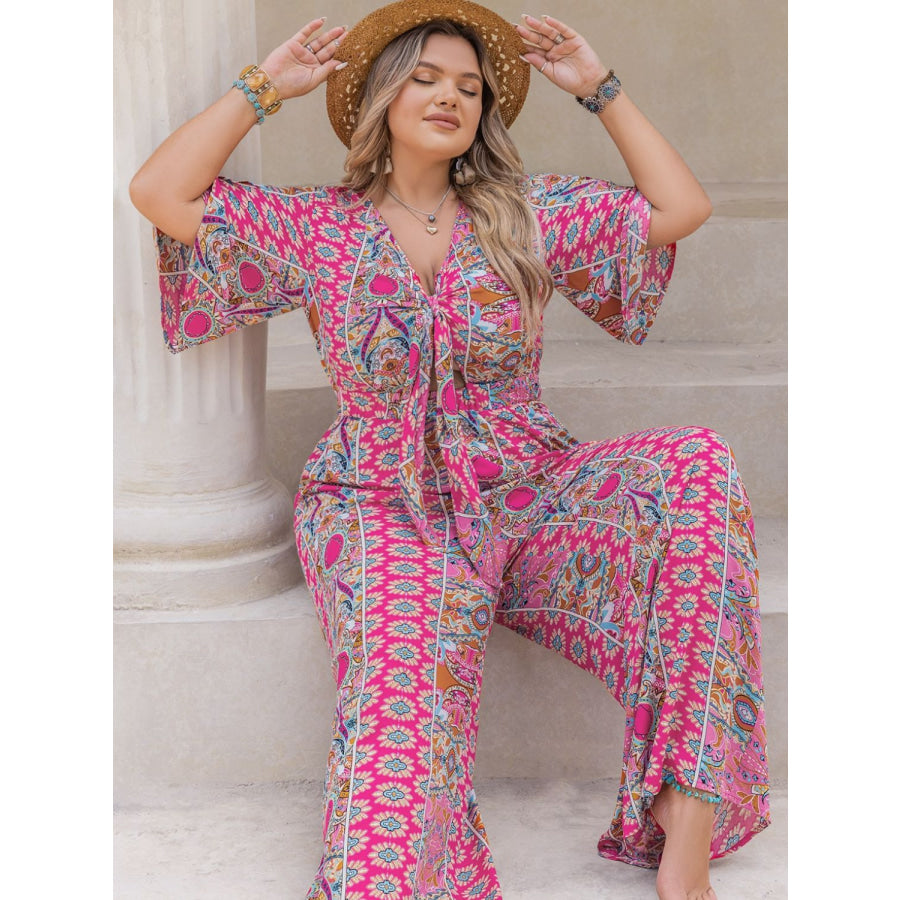 Plus Size Printed Half Sleeve Wide Leg Jumpsuit Apparel and Accessories