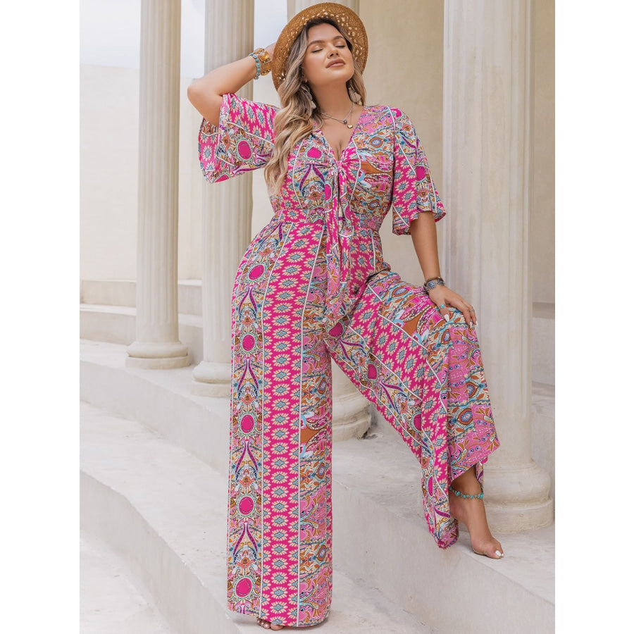 Plus Size Printed Half Sleeve Wide Leg Jumpsuit Apparel and Accessories