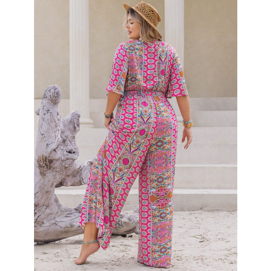 Plus Size Printed Half Sleeve Wide Leg Jumpsuit Deep Rose / 0XL Apparel and Accessories