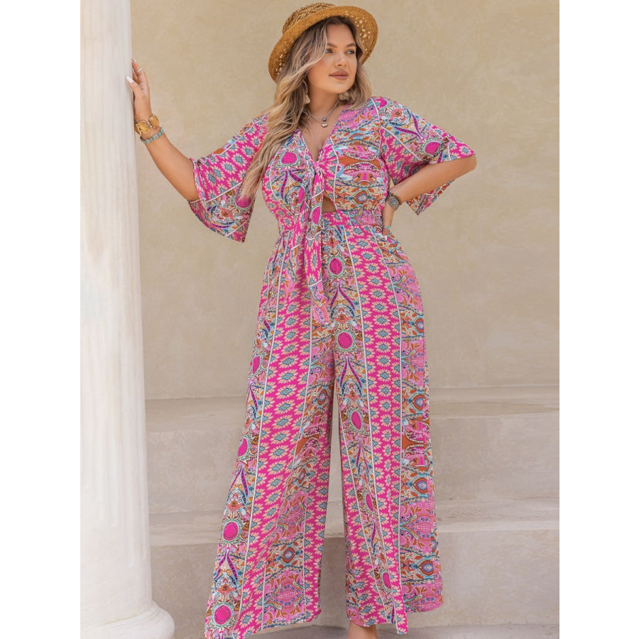 Plus Size Printed Half Sleeve Wide Leg Jumpsuit Apparel and Accessories
