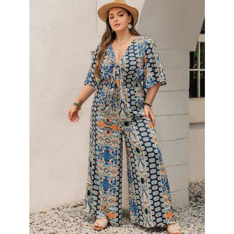 Plus Size Printed Half Sleeve Wide Leg Jumpsuit Apparel and Accessories