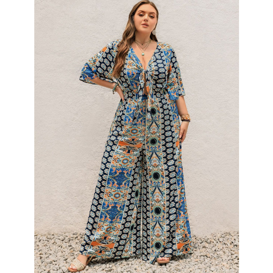 Plus Size Printed Half Sleeve Wide Leg Jumpsuit Apparel and Accessories