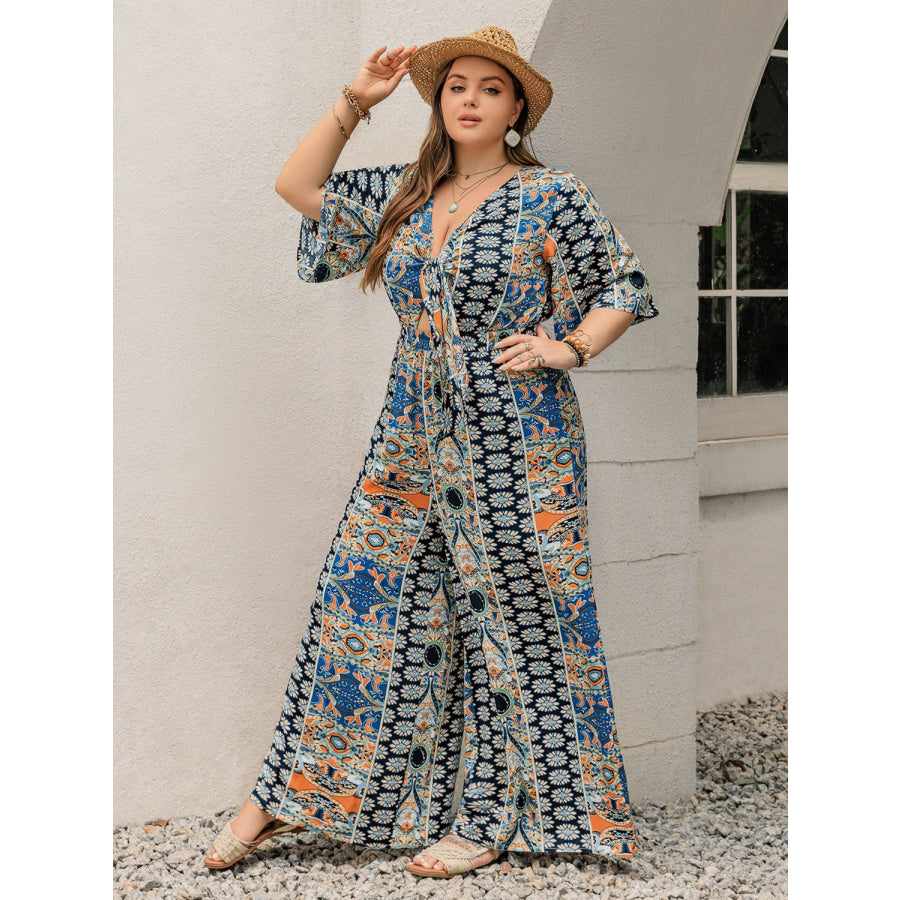 Plus Size Printed Half Sleeve Wide Leg Jumpsuit Apparel and Accessories
