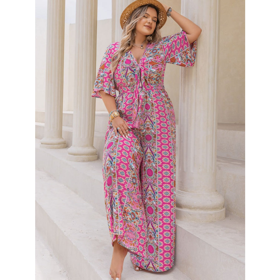 Plus Size Printed Half Sleeve Wide Leg Jumpsuit Deep Rose / 0XL Apparel and Accessories