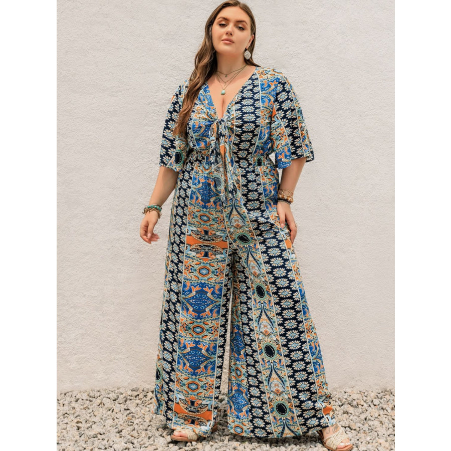 Plus Size Printed Half Sleeve Wide Leg Jumpsuit Peacock Blue / 0XL Apparel and Accessories