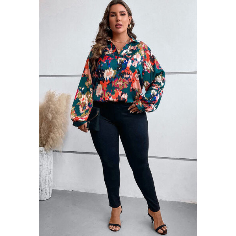 Plus Size Printed Johnny Collar Long Sleeve Blouse Apparel and Accessories