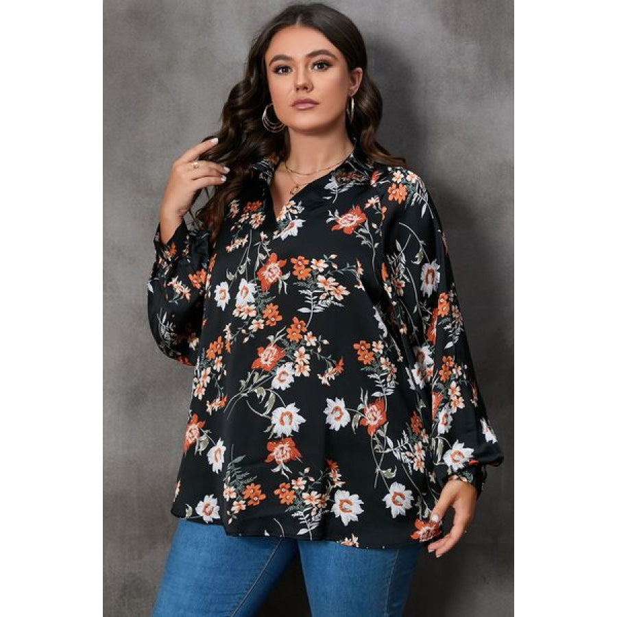 Plus Size Printed Johnny Collar Long Sleeve Blouse Apparel and Accessories