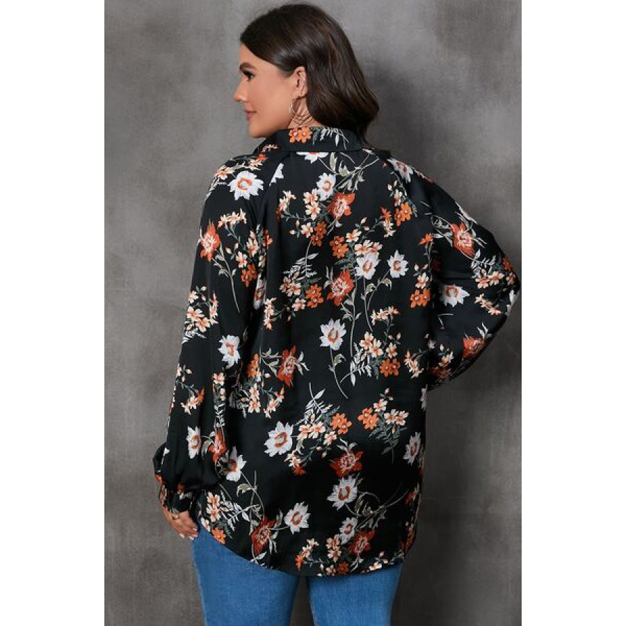 Plus Size Printed Johnny Collar Long Sleeve Blouse Apparel and Accessories